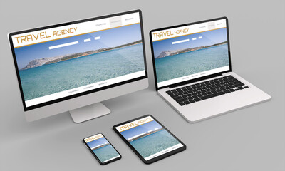 Laptop, desktop computer ,mobile and tablet 3d rendering travel agency website mockup .3d illustration
