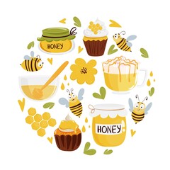 Honey and beekeeping circle concept. Cute cartoon organic food collection: cupcakes, beverage, honey jar. Vector illustration for tshirt print.