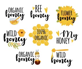 Set of honey labels with text isolated on white beackground. Vector illustration