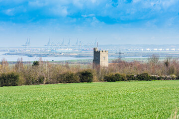 St Mary's Church in Chalk near Gravesend in Kent, England. Thames estuary and Essex can be seen in...