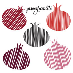 Pomegranate. Hand drawn vector illustration on white background. Five different variants. Decorative.