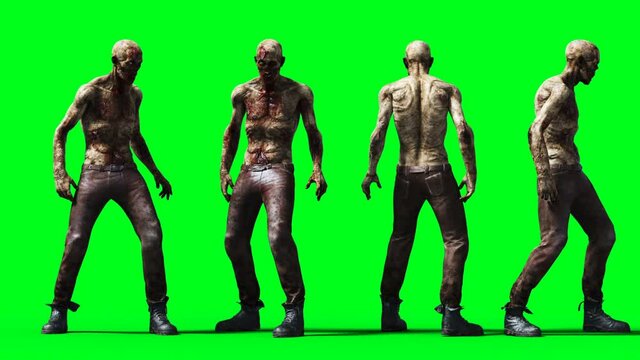 Zombie animation. Phisical motion blur. Realistic green screen 4k animation. Green screen