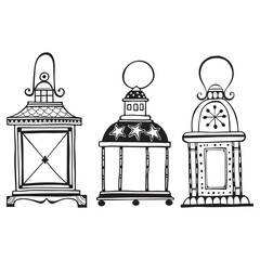 Set of three lanterns. Hand-drawn isolated elements for design on white. Vector illustration.