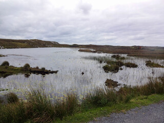 View of a Irish lake bog on a dark stormy day