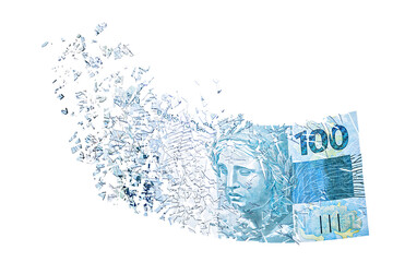 100 reais banknote evaporating in the air, money losing value, financial crisis and devaluation of...