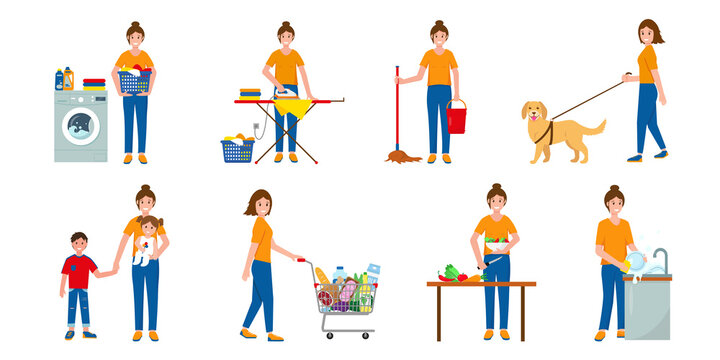 Set of scenes with woman doing housework