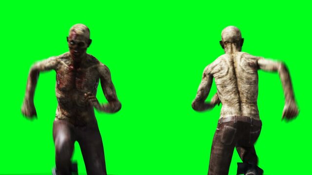 Zombie animation. Phisical motion blur. Realistic green screen 4k animation. Green screen
