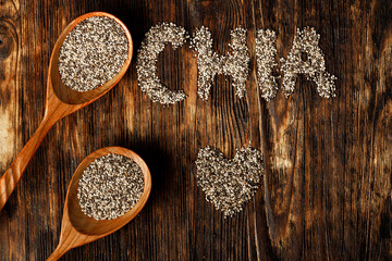 Chia seeds in a wooden spoon close up
