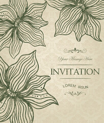 vintage card with damask background and elegant floral elements