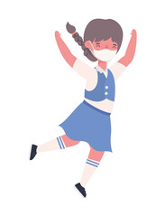Girl kid with medical mask and uniform jumping design, Back to school theme Vector illustration