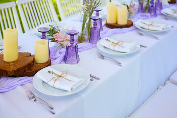 Table set for wedding or another catered event dinner.