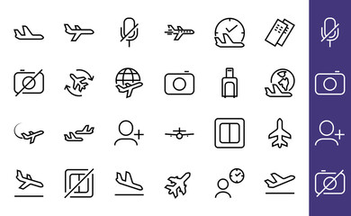 Fototapeta premium A simple set of airport related vector line icons. Contains badges such as departure, boarding, waiting time, boarding, find a place to travel tickets, and much more. Editable stroke. 48x48 pixels