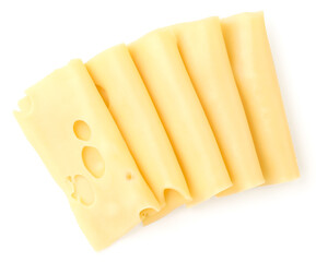 Cheese slicing close-up on a white, isolated. The view from top