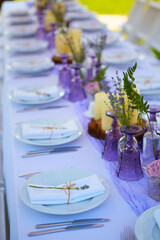 Table set for wedding or another catered event dinner.