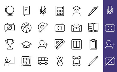 A simple set of school items. Contains icons such as student, award, geography, physical education, geometry and more. On white background. Editable stroke. 480x480