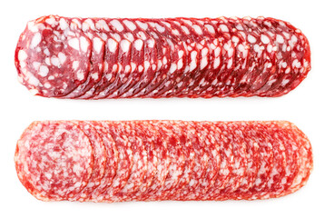 Salami sausage sliced on a white background, isolated. The view from top