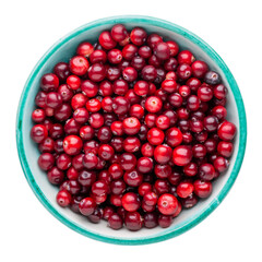 Ripe red cranberry berries in bowl isolated on white. Close-up. Top view.