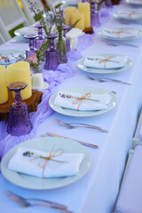 Table set for wedding or another catered event dinner.
