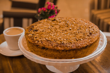 peanut and chocolate birthday cake, wish coffee cup,