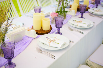 Table set for wedding or another catered event dinner.
