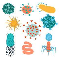 Cartoon Cute germ, bacteria and viruses collection. Cartoon microbes set. Isolated flat vector illustration of bacteriophage, influenza virus. coronavirus