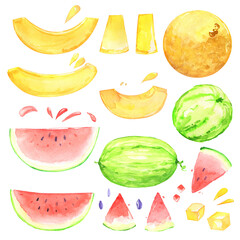 Melon piece slice honey round splash juice cube watercolor isolated set bite eat fruit summer