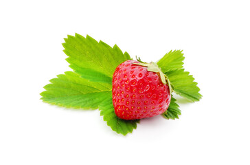 Ripe strawberry with leaves.