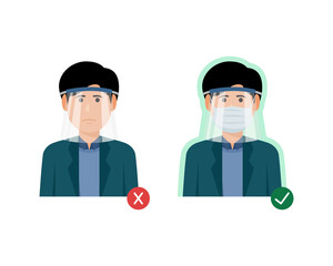 Correct and wrong way to using a Plastic face shield to prevent viruses. Wear a Face shield pair with a surgical mask. New normal to clothing to protect Coronavirus infection