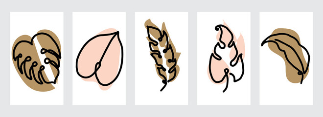 Tropical line arts vector cover set. Nature leaves design element for invitation, prints, fabric and wallpaper.