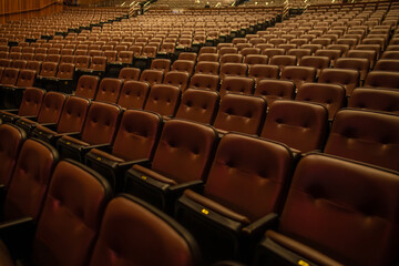 Empty theater or cinema auditorium with padded chairs