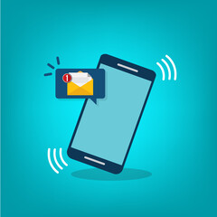 Smartphone with notification sms on screen.Alert of new message mail on mobile phone. Unread sms message on screen of cellphone. Reminder inbox notice.Flat design vector.