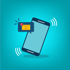 Smartphone with notification sms on screen.Alert of new message mail on mobile phone. Unread sms message on screen of cellphone. Reminder inbox notice.Flat design vector.