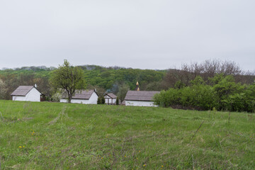 Beautiful Ukrainian rural landscape with white huts and a church on a background of green forest