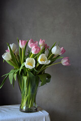 Bouquet of beautiful white and pink tulips in glass vase in front of gray wall, home decor, still life
