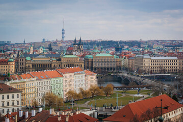 Fototapeta na wymiar Panorama of Prague, Czech Republic. The view from above on the roofs of houses, the TV tower on the horizon.