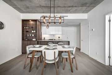 Brand new luxury Canadian style furnished and staged apartment in condominium with kitchen, bathroom, bedroom, lobby, hall, reception room and gym