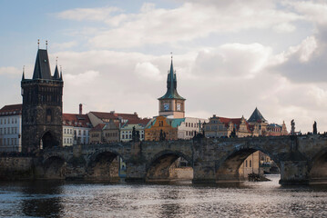 Panorama of the city of Prague, Czech Republic on a sunny day. View of Charles Bridge and the bank...