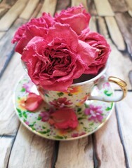 beautiful cup and saucer and dry pink roses