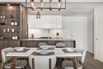 Brand new luxury Canadian style furnished and staged apartment in condominium with kitchen, bathroom, bedroom, lobby, hall, reception room and gym
