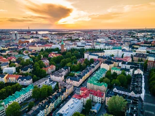 Foto op Canvas Aerial sunset view of beautiful city Helsinki . Colorful sky and colorful buildings. Helsinki, Finland.  © Subodh