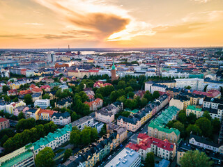 Aerial  Helsinki . Colorful sky and colorful buildings. Helsinki, Finland.