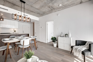 Brand new luxury Canadian style furnished and staged apartment in condominium with kitchen, bathroom, bedroom, lobby, hall, reception room and gym