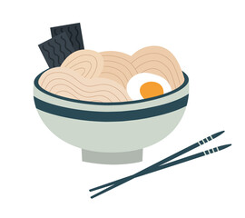 Vector illustration with ramen in a blue plate and chopsticks.