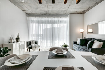 Brand new luxury Canadian style furnished and staged apartment in condominium with kitchen, bathroom, bedroom, lobby, hall, reception room and gym