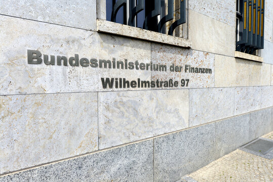Berlin / Germany - June 10, 2012: Sign at the entrance to the Federal Ministry of Finance -  Bundesministerium der Finanzen, BMF - Headquarters Wilhelmstrasse, Berlin, Germany