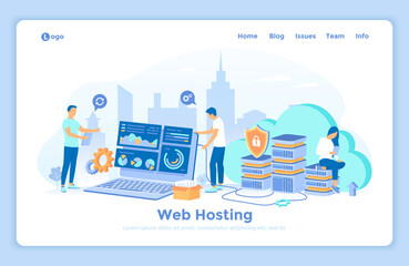 Web Hosting, Data Security, Сloud computing storage, Information processing, Database, Network connection. Hosting servers, computer, clouds. landing web page template decorated with people.