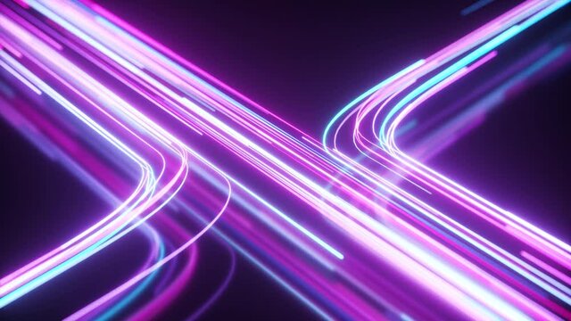 Blue and purple neon stream. High tech abstract curve background. Striped creative texture. Information transfer in a cyberspace. Rays of light in motion. Seamless loop 3d render.