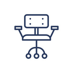 Armchair for workplace thin line icon. Adjustable stool, desktop chair with wheels isolated outline sign. Home interior, furniture, sitting concept. Vector illustration symbol element for web design