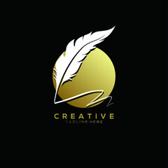 feather pen logo gold with circle white vector design template
