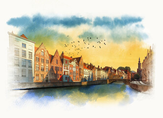 Embankment in the city of Bruges, Belgium. Watercolor sketch